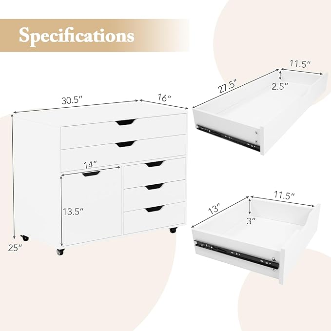 MAT EXPERT 5-Drawer Mobile File Cabinet w/Door Lateral Filing Cabinet w/5 Universal Wheels Rolling File Cabinets with Storage Modern Wood Printer Stand for Home Office Living Room Study (White)