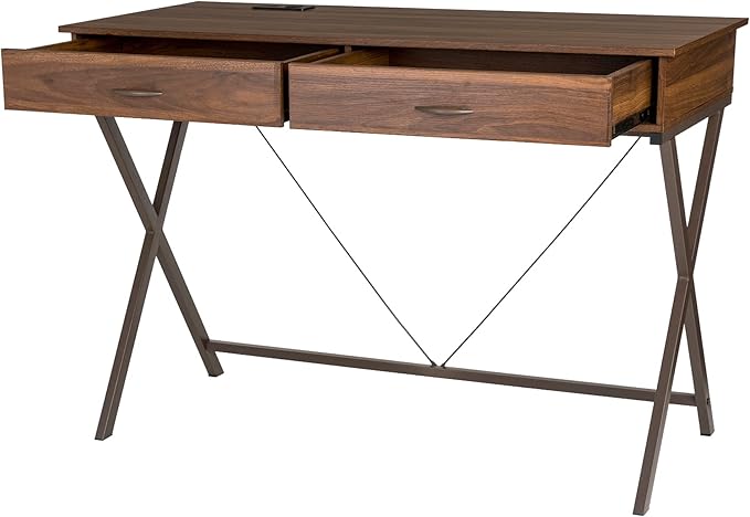 glitzhome 43 W Industrial Home Office Writing Desk with Power Outlet and USB Ports 2-Drawer Computer Laptop Table Walnut