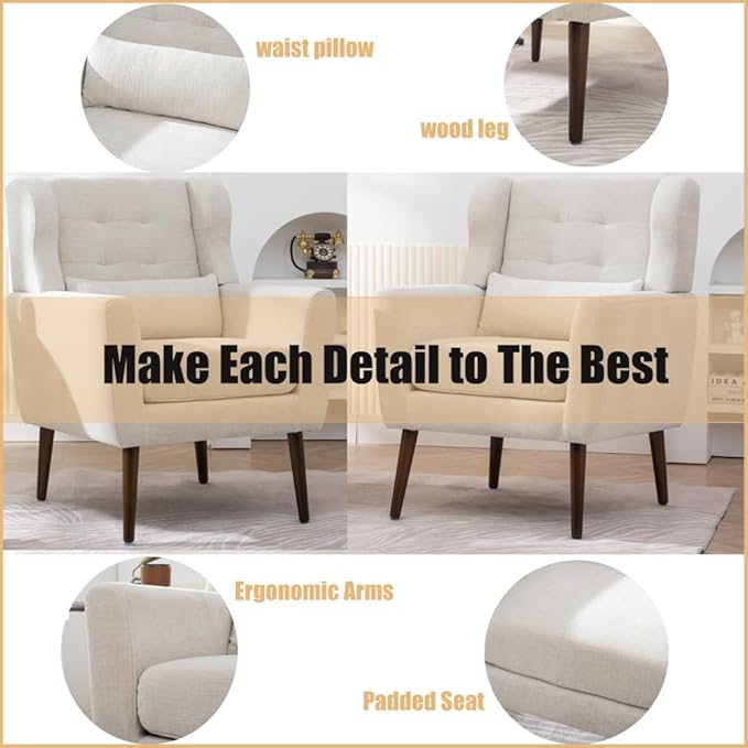 Modern Accent ChairChenille Arm Chairs for Living RoomUpholstered Mordern ArmchairComfy Soft Padded Lounge Chair in Small Space Bedroom w/Pillow Solid Wood Leg (Beige + Chenille)