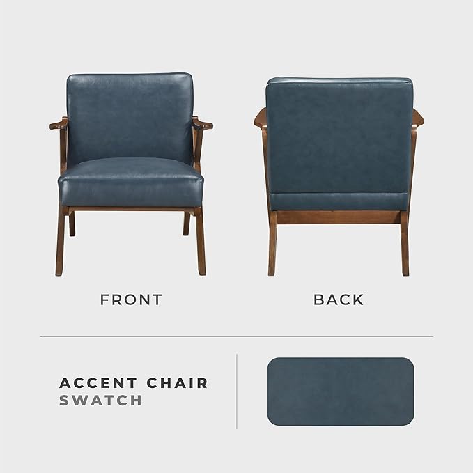 Lexicon Mid Century Modern Accent Chair Faux Leather Upholstered Lounge Seat Brown Finish Solid Wood Framed Comfy Side Chair for Living Room/Bedroom/Office/Waiting Area Blue