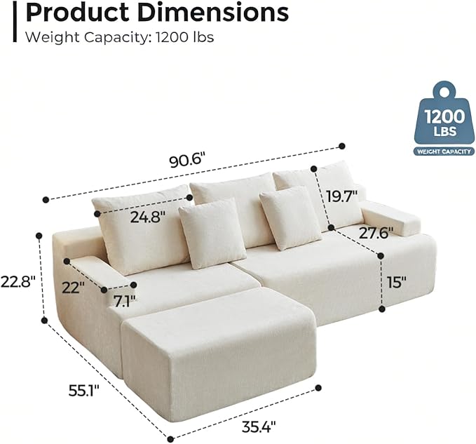 90.6 Sectional Boneless Couches Modern L-Shape Cloud Couch with Chaise Memory Foam Modular Sectional Sofas for Living Room Sofa in A Box No Assembly Required (Beige Left Facing Chaise)