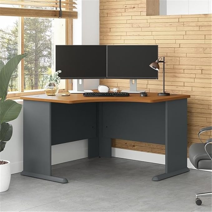 BOWERY HILL 48 Corner Desk Engineered Wood with Thermally Fused Laminate Natural Cherry and Gray Finish Curved Work Area with Wire Management Adjustable Feet Transitional Design for Home Office