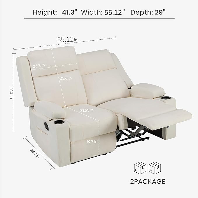 55 Loveseat Reclining Sofa with Cup Holders – Manual Double Reclining Sofa for Aprtment &amp Small Spaces Chenille Fabric Reclinig Couch with Wide Armrests &amp Side Storage for Livingroom Beige