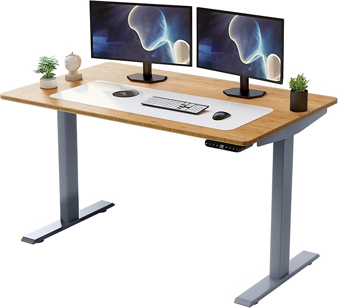 RISE UP dual motor electric standing desk 60x30 black bamboo desktop premium ergonomic adjustable height sit stand up home office computer desk table motorized powered modern furniture small standup