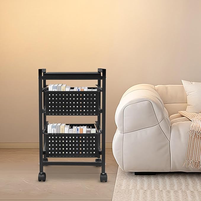 Rolling File Cart Mobile File Cabinet with Storage Drawer Movable Pull-Out Storage Art Craft Organizer on Wheels Utility Cart Storage and Organizer for Home Office (2 Tiers)