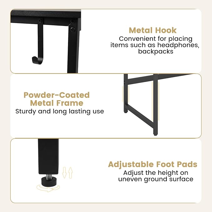 GOFLAME 59” Computer Desk Modern Simple Study Writing Desk with Built-in Power Outlet Removable Shelf &amp Side Headphone Hook Home Office Laptop PC Desk Gaming Table Workstation (Black)