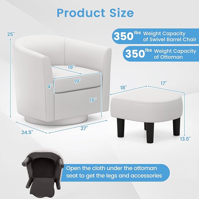 Giantex Swivel Small Accent Chair with Ottoman Modern Barrel Club Chair w/Footrest Curved Backrest &amp Armrests Removable Seat Cushion Swivel Single Sofa Arm Chair for Living Room Bedroom(Cream
