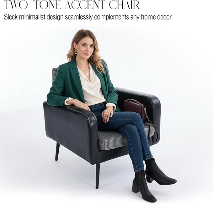 Comfy Accent Chair for Living Room Chairs Mid Century Modern Reading Chair Accent Chairs Set of 2 with Metal LegsUpholstered Arm Chair for Bedroom Office Waiting Room (Black &amp Grey2)