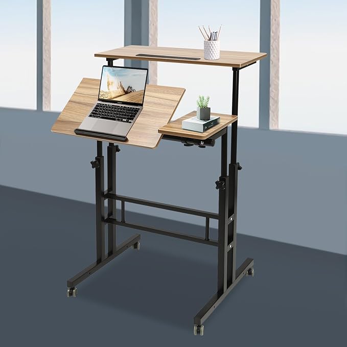 Mobile Stand Up Desk Height Adjustable Home Office Desk Rolling Laptop Cart Sit (Iron Brown)