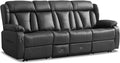 AHMED 3-Seat Manual Reclining Sofa Faux Leather Recliner Couch with Flip-Down Console Home Theater Seating with Cup Holders USB Ports &amp AC Outlet Storage Drawer for Living Room/RV Black