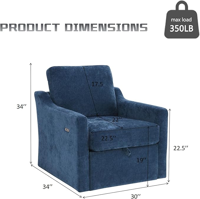 30 Oversized Swivel Barrel Chair – Chenille UpholsteredComfy Reading Arm Chair with USB Charging &amp Under-Seat Storage360° Rotating Accent Chair for NurseryLiving Room &amp Office (Navy Blue)