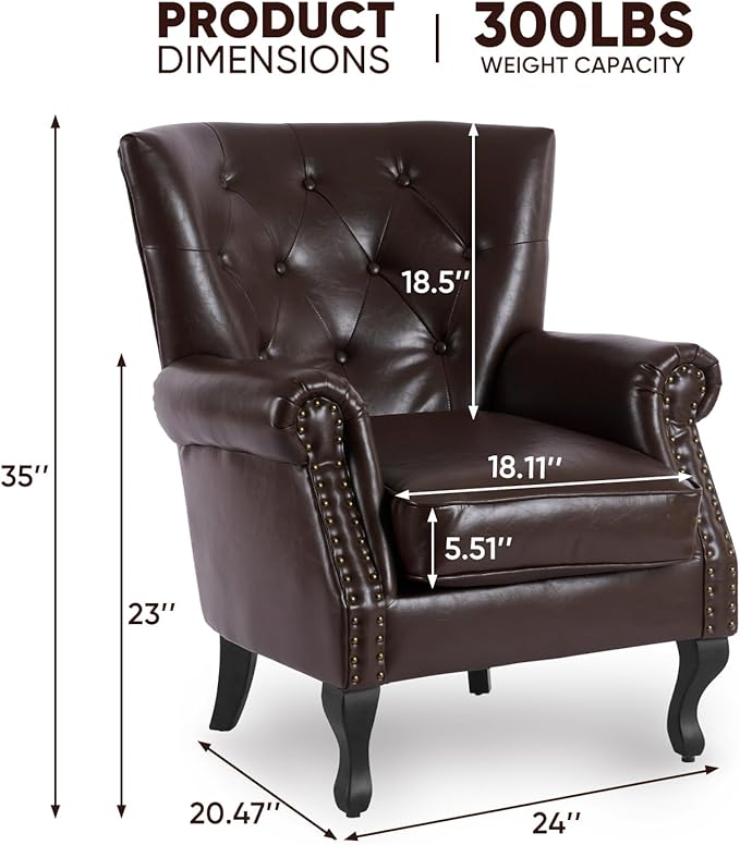 MOJAY PU Leather Accent Chair Mid-Century Modern Armchair Living Room Club Chair with Tufted Button &amp Rivet Trim Upholstered Sofa Chair with Sturdy Wood Legs for Bedroom (Caramel)