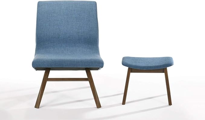 Limari Home Alexis Collection Modern Living Room Fabric Upholstered Accent Chair &amp Ottoman 2-Piece Set with Solid Rubberwood Frame Blue Walnut