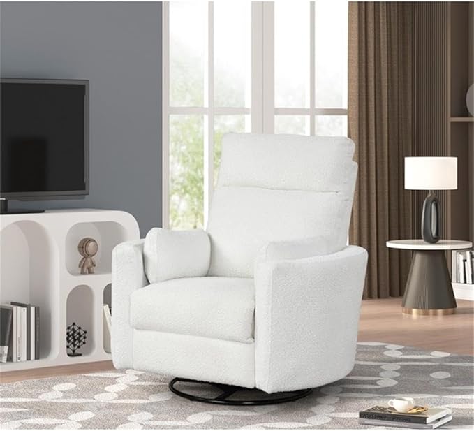 Pemberly Row Modern Chenille Fabric Swivel Recliner Upholstered Seating Chair with Swivel Reclining Operation for Interior Seating Placement Chenille Fabric in Oyster White Finish