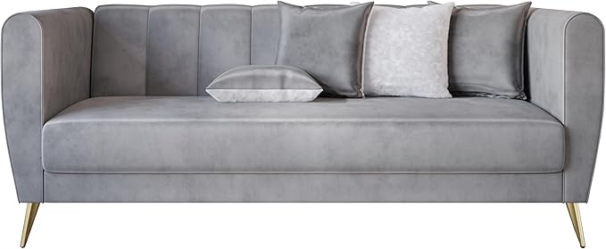 HOME DESIGN Scarlett Glam Velvet Flared Arm 3-Seater Sofa with Channel Tufting 4 Throw Pillows Gold Metal Legs Silver Gray