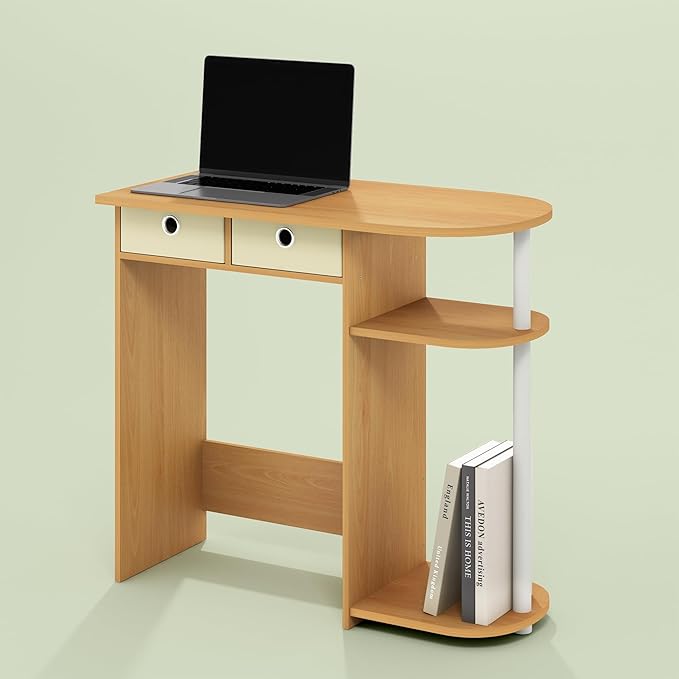 Ipoh Home Computer Desk 32 Inch Writing Desk Study Desk with Side Shelves and Bin Storage for Home Office Study Room Natural/White