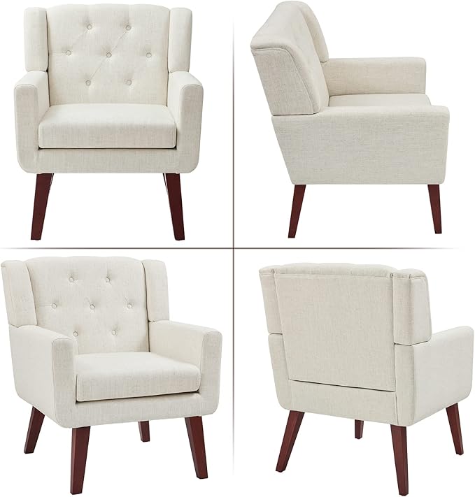 Living&ampGiving Accent Chair Button-Tufted Upholstered Living Room Chairs Comfy Reading Mid Century Modern with Linen Fabric Lounge Arm for Bedroom (Beige) 29.33D x 28.94W x 34.65H Inch