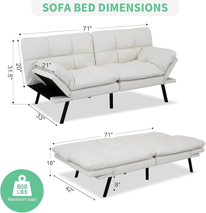 MUUEGM Futon Couch with 71 Adjustable High Density Memory Foam Futon Sofa Bed Modern Design Sofa Bed for Living Room Sleeping and Relaxing(Leather White)