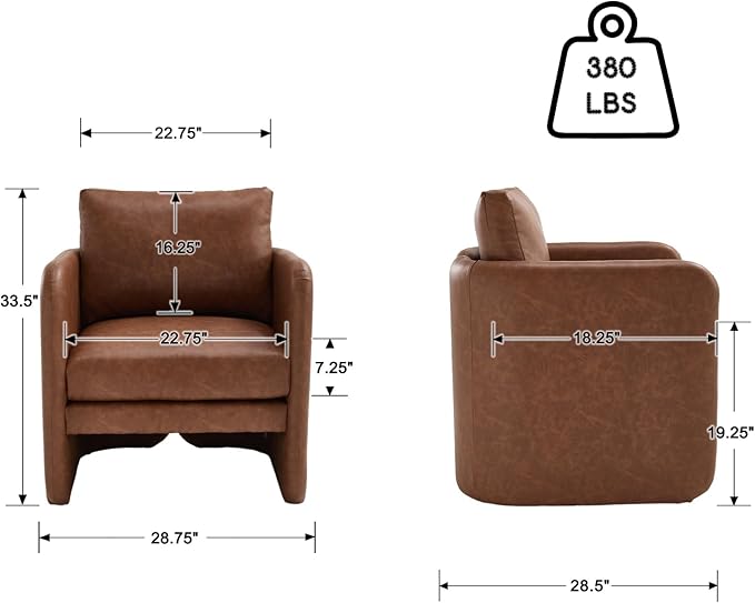 Modern Accent Barrel Chair Single Sofa Chair with Removable Back Pillow Comfy Pu Leather Upholstered Reading Accent Chair Lounge Armchair for Bedroom Living Room Brown