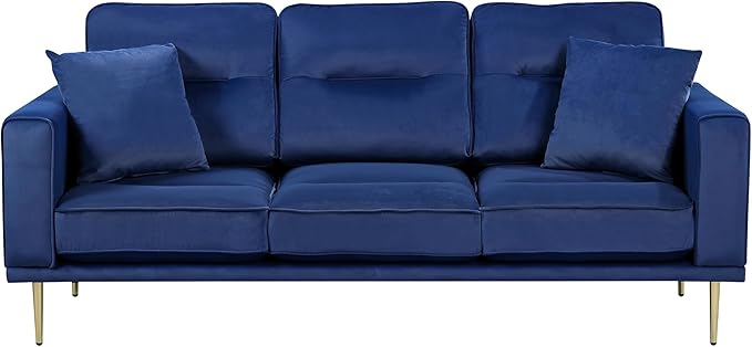 Lexicon Velvet Sofa Couch Modern Couches Metal Seat Base Metal Legs with Gold-Tone Finish 82 inch Sofa with 2 Throw Pillows 3 Seater Couches for Living Room Bedroom Apartment Blue