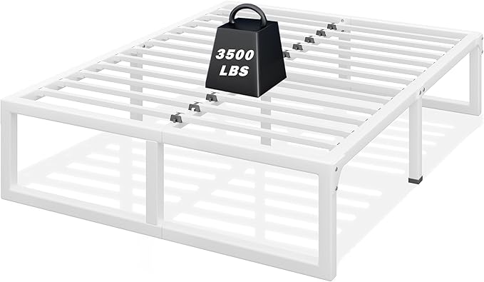 King Size Bed Frame 18 Inch Metal Platform Bed Frames with Squeak Free U-Slot Design 6 Non-Slip Guards 3500lbs Heavy Duty Steel Slat Support No Box Spring Needed Under Bed Storage White