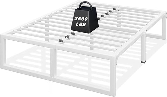 King Size Bed Frame 18 Inch Metal Platform Bed Frames with Squeak Free U-Slot Design 6 Non-Slip Guards 3500lbs Heavy Duty Steel Slat Support No Box Spring Needed Under Bed Storage White