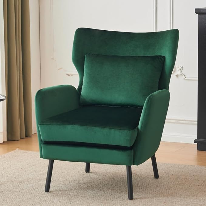 Chair reclinerWingback Velvet Accent Chair Modern Upholstered Armchair for Living Room Bedroom and Reception Area Comfortable Single Sofa Chair with Metal Legs and Pillow (Green + Velvet)