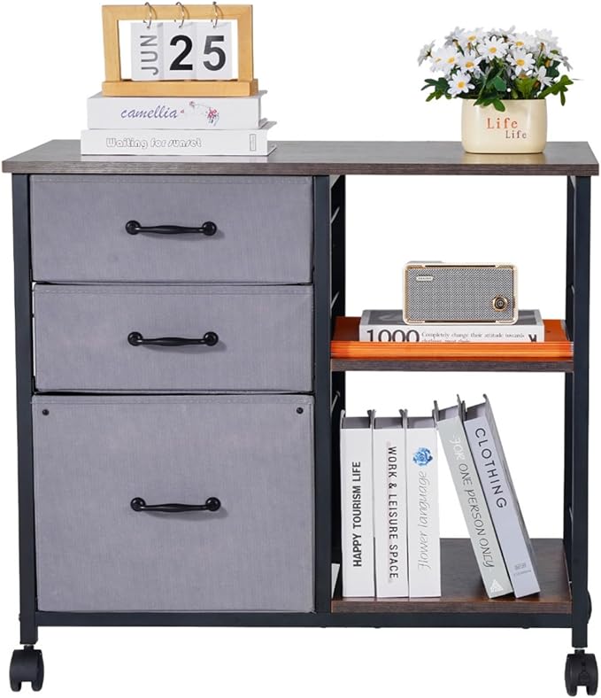 Hassyee Mobile Metal File Cabinet with 3 Fabric Drawers and 2 Open Shelves Multifunctional Office Spacious Storage Cabinet Assembly Required