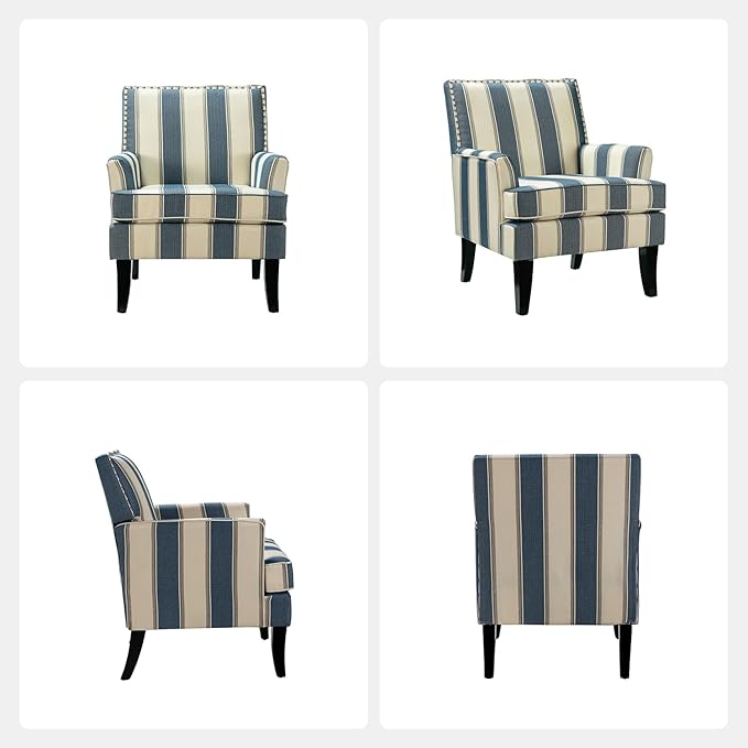 HULALA HOME Modern Accent Chair for Living Room Upholstered Fabric Single Sofa Chair Wingback Armchair with Wooden Legs for Bedroom Office Reading or Waiting Room Stripe Blue