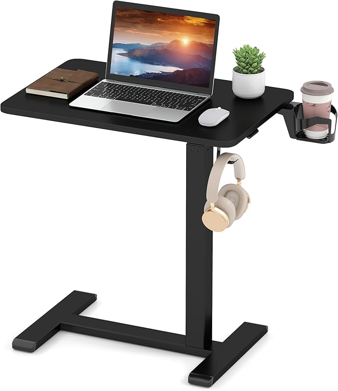 GOFLAME Rolling Standing Desk C Shaped End Table Adjustable Height with Hidden Wheels Cup Holder &amp Headphone Hook Mobile Sofa Couch Bed Side Table for Living Room Home Office (Black)