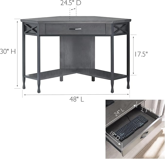 Bowery Hill Corner Computer/Writing Desk Matte Black Metal Base 48D x 24.5W x 30H Sturdy Wood Construction X-Side Design Drop Down Drawer Front Space-Saving Home Office Desk with Lower Shelf