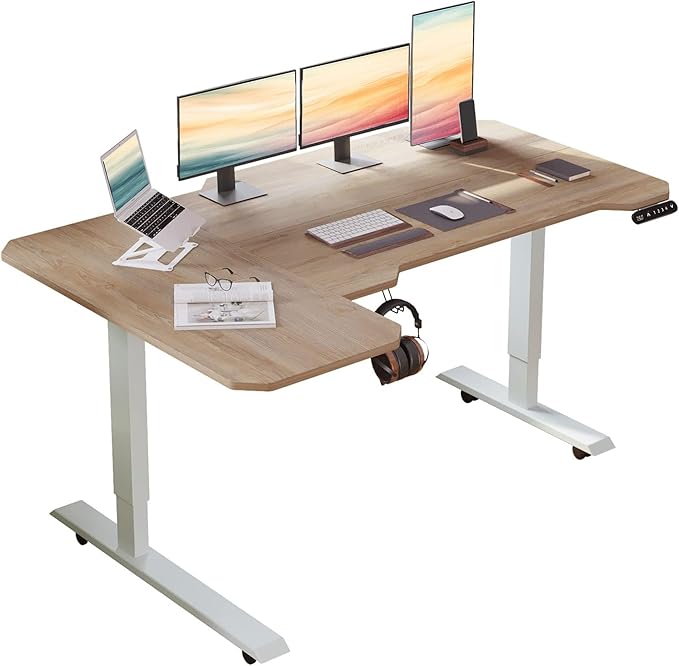 L-Shaped Electric Standing Desks Adjustable Height Black Wood Top Rising Desks for Home Office 59 Inch Sit Stand Desk Electric with Wheels &amp Type-C Port/Controller (Oak)