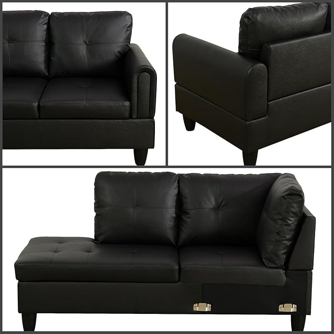 L-Shaped Sectional Sofa with Movable Chaise &amp Storage Ottoman Leather 3-Piece Modular Convertible Couches for Living Room Apartment &amp Office Black