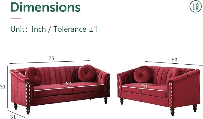 Chesterfield Sofa Set Luxurious Velvet Chesterfield Settee Couch SetSofa and Loveseat SetUpholstered Rolled Arm with Rivets/4 Button Tufted Pillow Modern Sofa Living Room SetRed