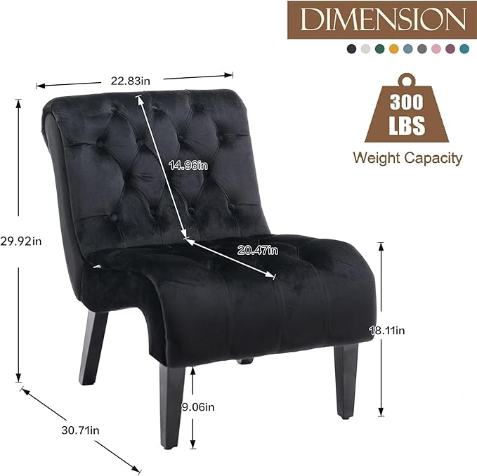 KINFFICT Velvet Accent Lounge Chair for Living Room Modern Leisure Chair with Tufted Backrest Indoor Armless Side Chair Upholstered Bedroom Sleeper Chairs with Solid Wood Legs
