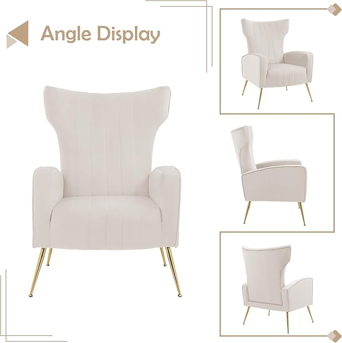 Accent Chair Upholstered Armchair with High Wingback &amp Metal Legs Mid-Century Modern Comfy Single Sofa Reading Chairs for Living Room Bedroom (White Set of 2)