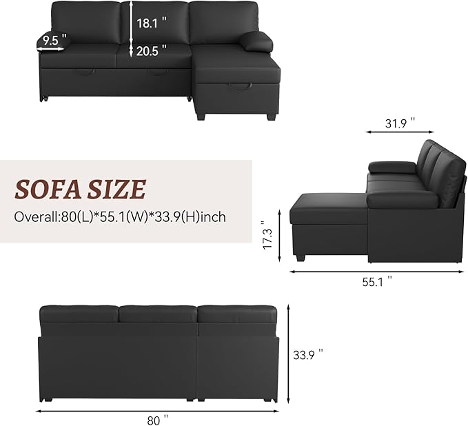 80 inch Convertible Sectional Sofa L-Shaped Sofa Sleeper with Reversible Chaise Faux Leather Couch Bed with StorageRemovable ArmrestModern Pull Out Bed for Living Room BedroomBlack