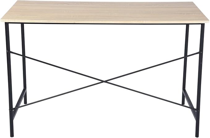 Modern Computer Desk with Light Wood Top 47.2 x 23.6 Writing Table Black Metal Frame with Cross Brace Minimalist Home Office Desk for Study or Workstation or Entryway