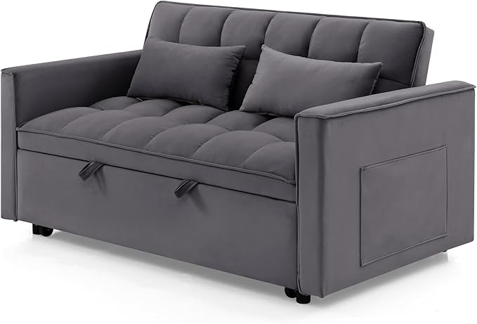 KEIKI 54.33 Pull-Out Sofa Couch Bed 2 in 1 Convertible Velvet Sleeper Sofa with Adjustable Back for Apartment Living Room Antique Gray