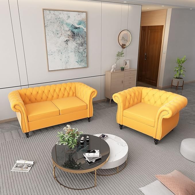 Living Room Chair Modern Velvet Chesterfield Sofa Chair Mid Century Single Sofa Couch Chair with Tufted Back and Rolled Arms Accent Sofa Chair for Living Room Apartment Yellow