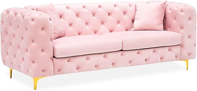 75 Sofa Couch Mid Century Modern Velvet Couch Tufted Button Sofa High Armrest &amp Metal Gold Legs Luxury Chesterfield Decor with 2 Piilows Comfy Loveseat for Living Room Pink