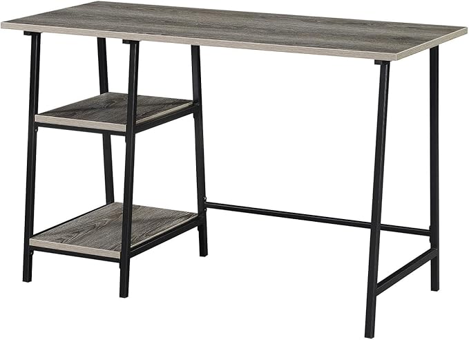 Pemberly Row Trestle Desk 47 in x 20 in x 29.25 in Weathered Gray Particle Board Wood Black Powder Coated Metal Frame Removable Shelves Home Office Workstation Modern Style