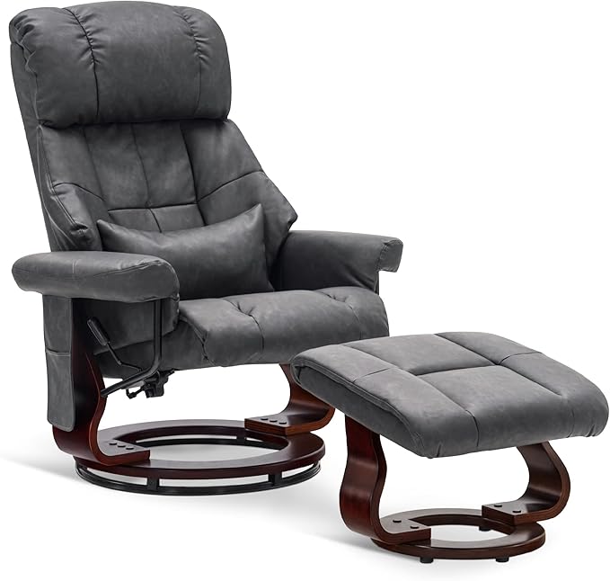 MCombo Manual Swivel Recliner with Ottoman Reclining Chair with Vibration Massage for Small Spaces Living Room Office Faux Leather 9068 (Dark Grey)