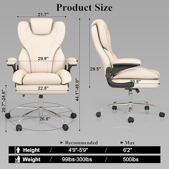Office Desk Chair Executive Leather Office Chair High Back Ergonomic Home Desk Chair with Padded Flip-up Arms Big and Tall Computer Chair with Rocking Function 360°Swivel Free Beige