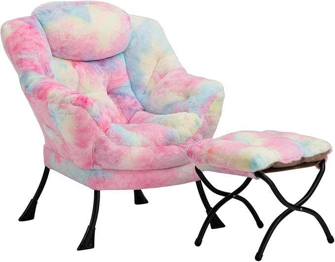 HollyHOME Lazy Chair with Foldable Ottoman Accent Comfy Lounge Armchair and Folding Footrest Stool Leisure Sofa Reading Chair and Footstool for Living Room Bedroom DormFaux Fur Rainbow