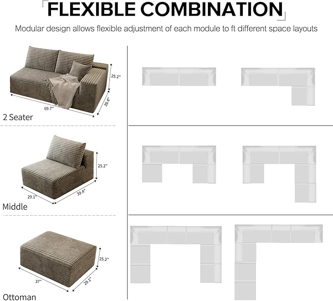 139.4 Modular Sectional Sofa Couch Oversized U-Shaped Minimalist Couches with 2 Ottomans Chaise and 2 Middle Seats Modern Deep Seat Cloud Plush Corduroy Sofas Set for Living Room 8 Seater Camel
