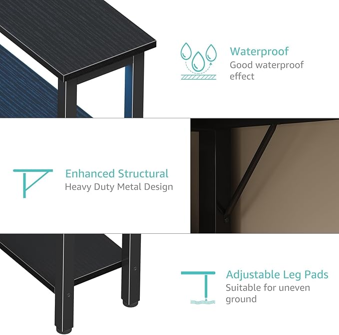 Lufeiya L Shaped Gaming Desk with Fabric Drawers and Storage Shelves 47 inch Home Office Desk with Monitor Stand Computer Desk with LED Lights and Power Outlets Black