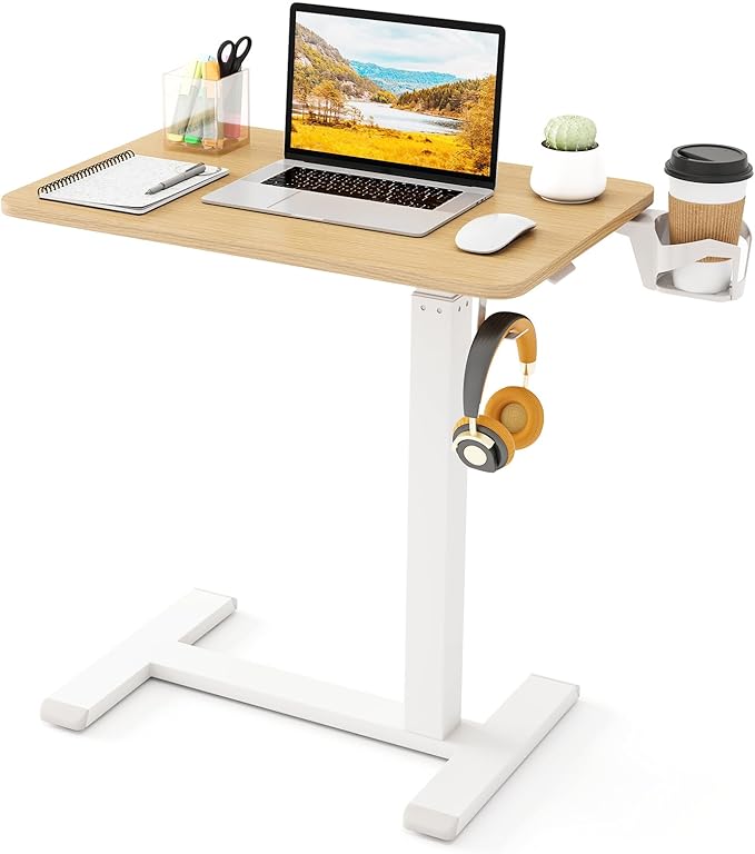 Tangkula Mobile Standing Desk Pneumatic Height Adjustable Rolling Desk with Cup Holder &amp Headphone Hook Overbed Table with Hidden Wheels Laptop Computer Cart for Couch Home Office (Natural)