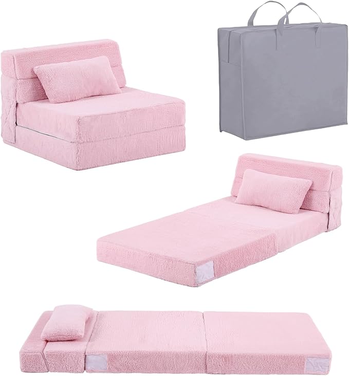 Tiita Convertible Folding Kids Sofa Bed with Pillow &amp Storage Bag Plush Fabric Floor Mattress Couch Bed Washable Cover Kids Room Playroom Dorm Apartment Pink