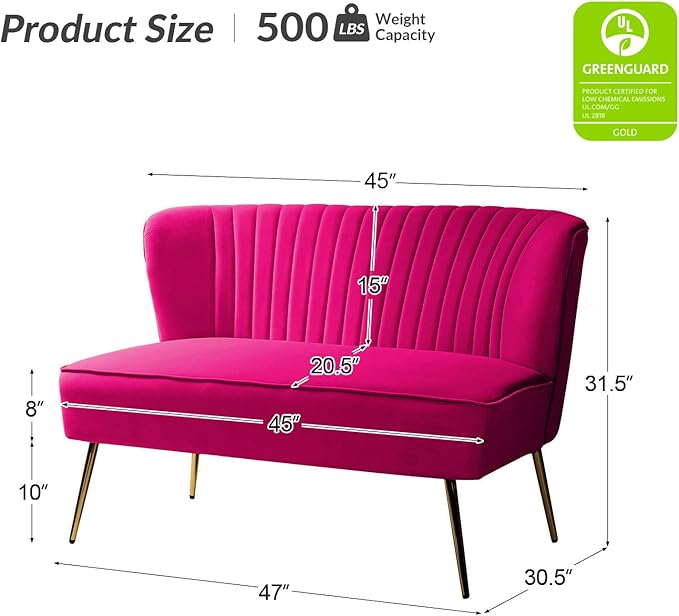 HULALA HOME Velvet Loveseat Sofa with Gold Legs Mid-Century Modern Upholstered Love seat Couch Tufted Small 2-Seat Sofa Armless for Living Room Bedroom Apartment Small Spaces Fuchsia